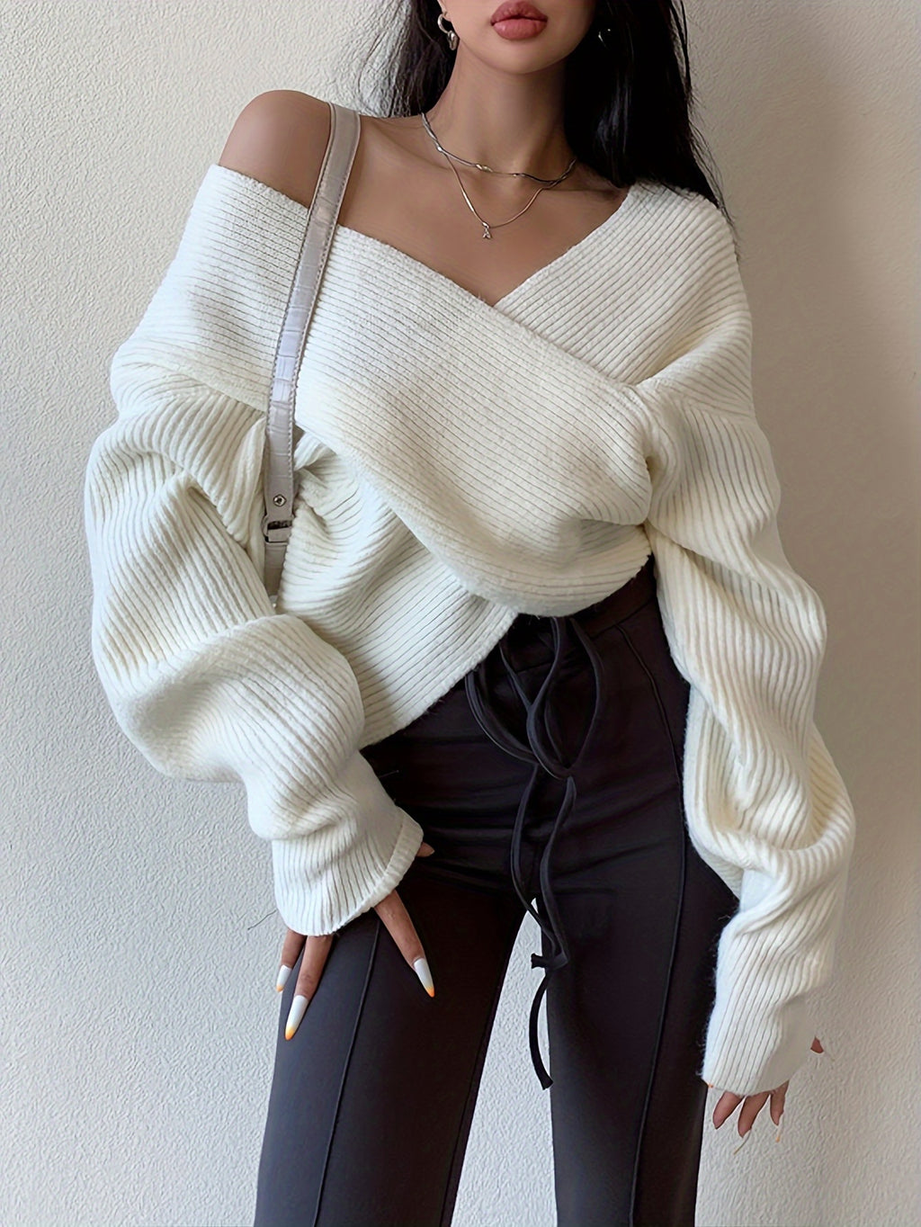 Women's Sexy Off-Shoulder Cross Shoulder Asymmetrical Hem Sweater - Soft Blue Ribbed Loose Fit Short Length H-Line Top for Fall Winter Layering, Ladies Sweaters for Winter, Seasonal Outfit, Breathable Fabric, Pullover, Casual