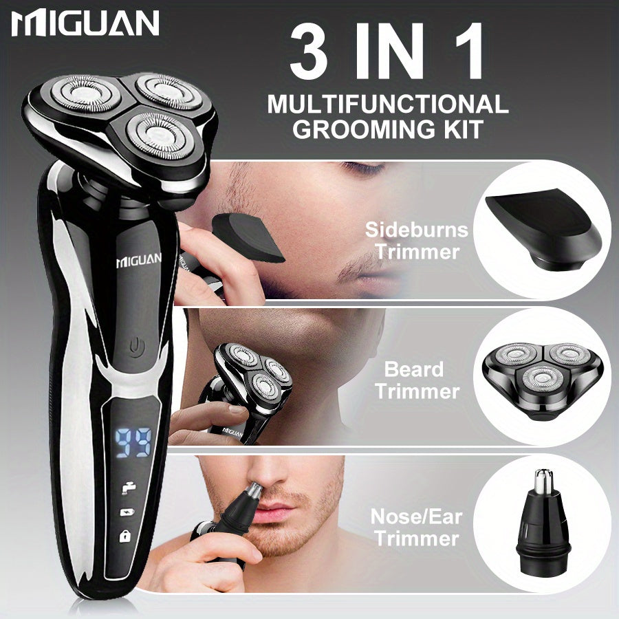 MIGUAN 3-in-1 Electric Grooming Kit - All-in-One Shaver, Nose Trimmer & Sideburn Razor with Digital Display, & Travel-Friendly for Beard, Mustache, Eyebrows Trimming - Ideal Gift for On-the-Go