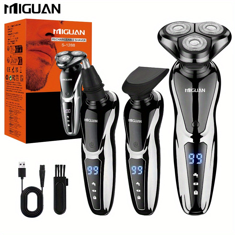 MIGUAN 3-in-1 Electric Grooming Kit - All-in-One Shaver, Nose Trimmer & Sideburn Razor with Digital Display, & Travel-Friendly for Beard, Mustache, Eyebrows Trimming - Ideal Gift for On-the-Go