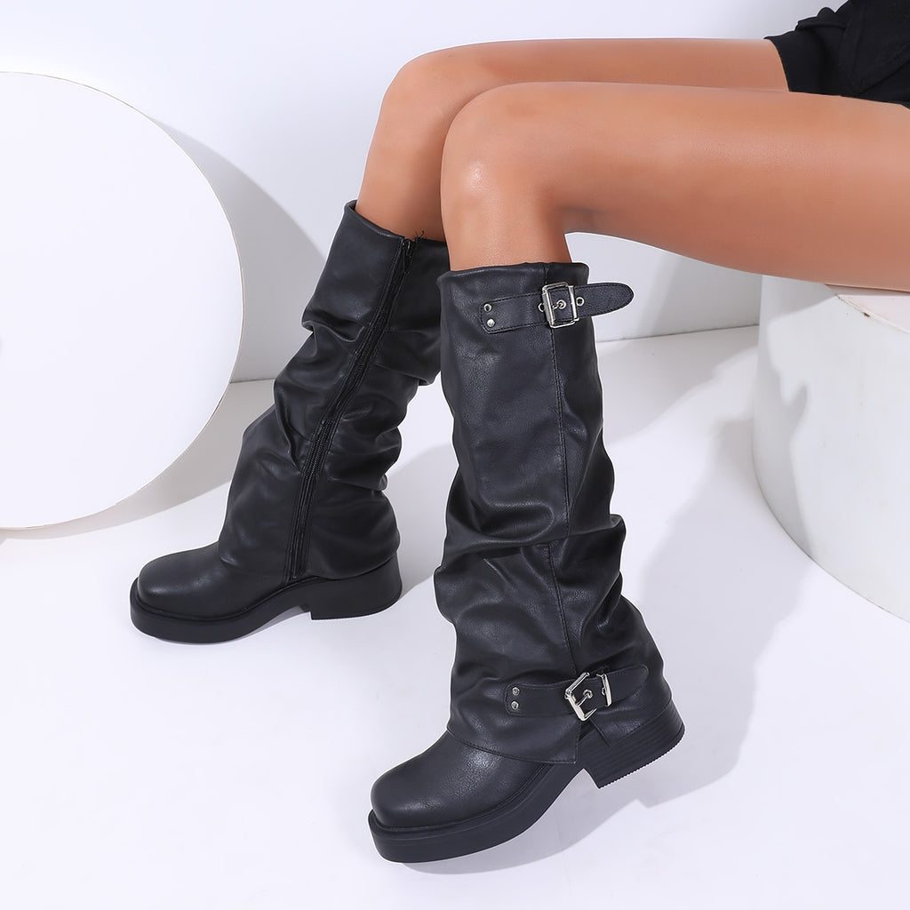 Fashion Trend! Black High-Top Thick-Sole Chunky Heel Boots, Comfortable and Elegant Double Buckle Embellished Women's Boots