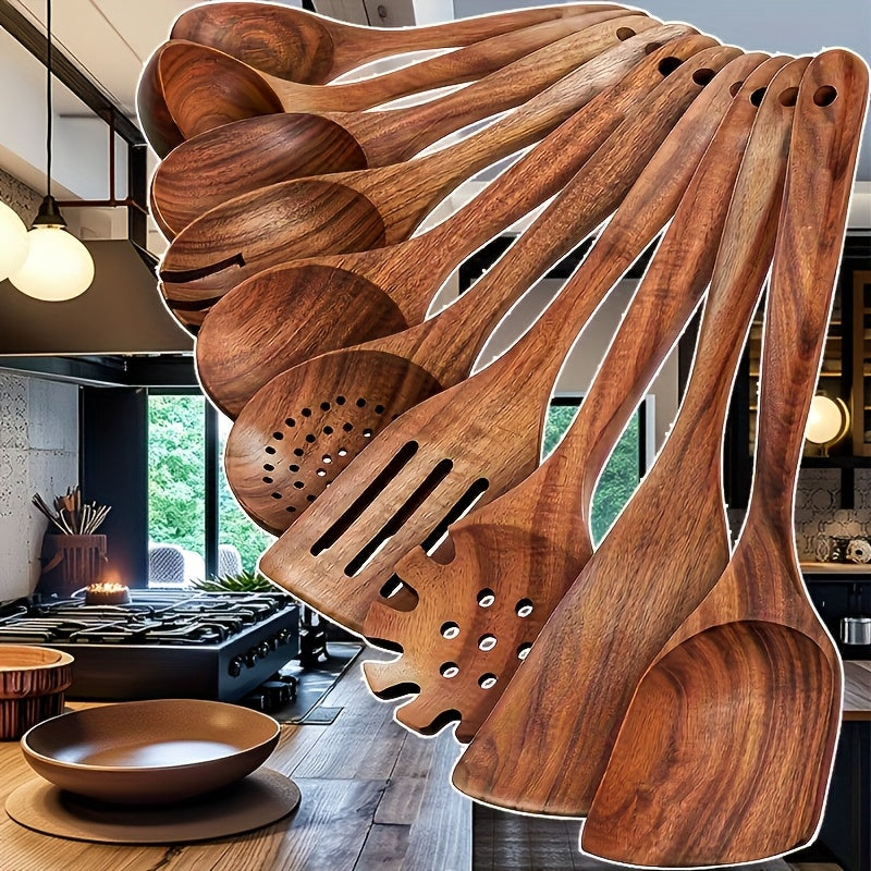 10pcs Premium Teak Cookware Set - Non-Stick, Heat Resistant, Ergonomic Handles for Comfortable Grip - Suitable for Stirring, Baking, Serving, and Easy Cooking, Outdoor Kitchenware Set, Camping Accessories