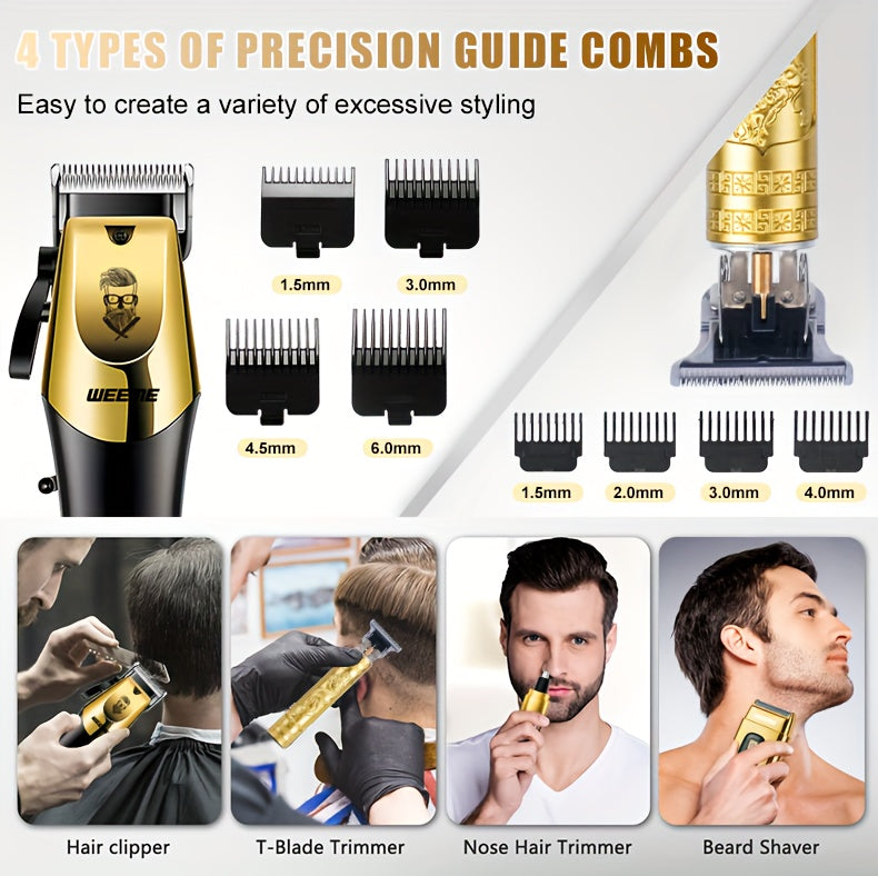 4pcs WEEME Men'S Golden Electric Hair Trimmer Set | Includes Hair Clipper, Shaver, Nose Hair Trimmer, And Fine Trimmer for Home, Car, And Travel Use | USB Charging, Rechargeable Lithium Battery