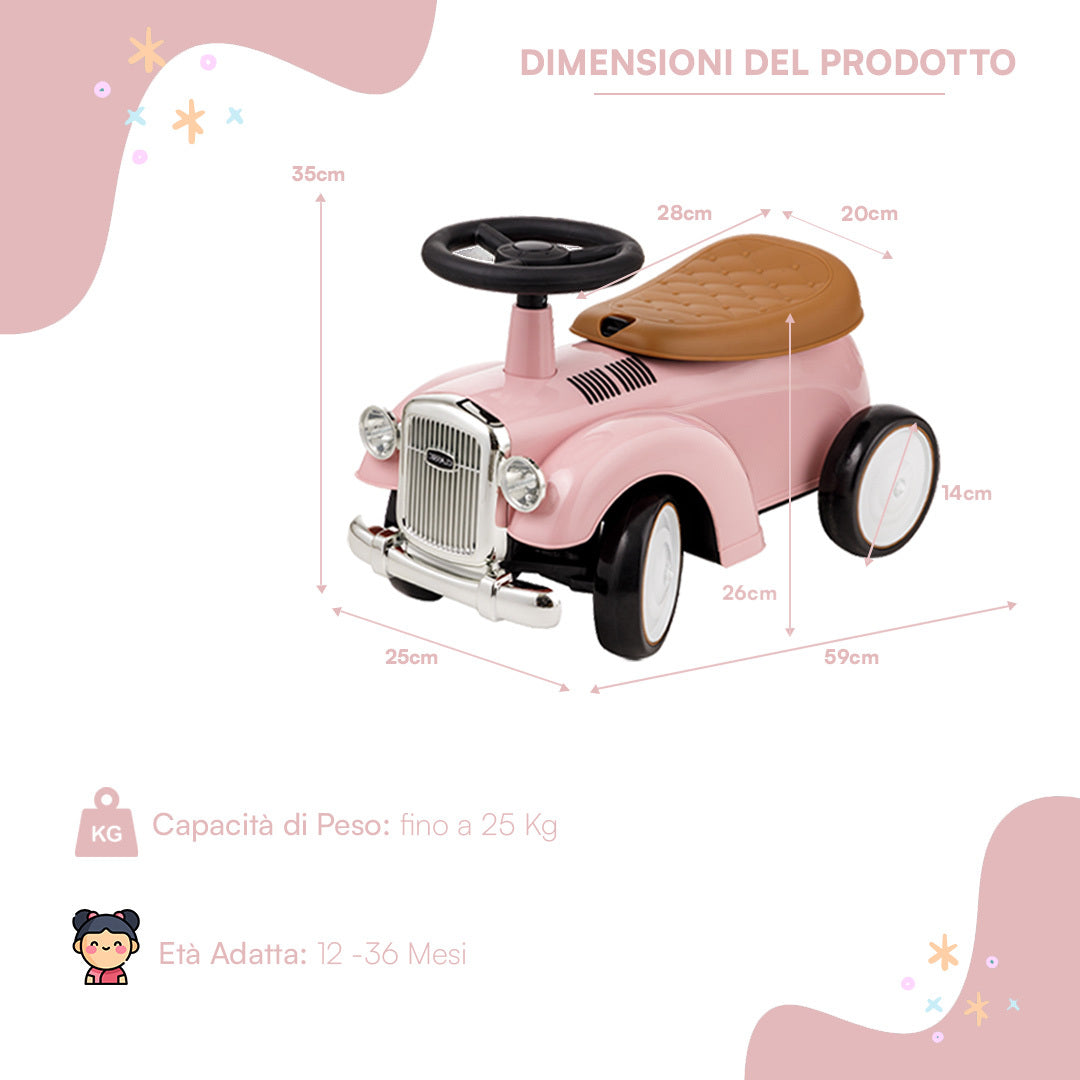 Baroni Toys Vintage Ride-On Car for Children from 12 to 36 Months, Baby Car with Air Horn, Storage Compartment, Steering Handlebar and Stable Wheels for Learning to Walk, 25x59x35 cm