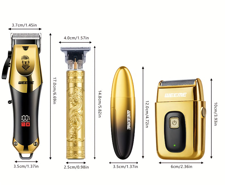 4pcs WEEME Men'S Golden Electric Hair Trimmer Set | Includes Hair Clipper, Shaver, Nose Hair Trimmer, And Fine Trimmer for Home, Car, And Travel Use | USB Charging, Rechargeable Lithium Battery