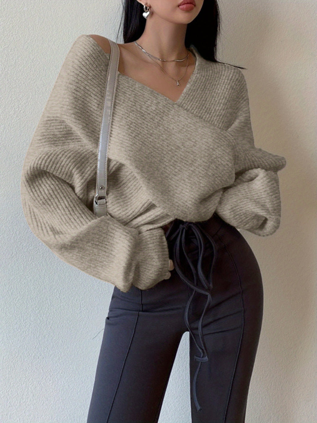 Women's Sexy Off-Shoulder Cross Shoulder Asymmetrical Hem Sweater - Soft Blue Ribbed Loose Fit Short Length H-Line Top for Fall Winter Layering, Ladies Sweaters for Winter, Seasonal Outfit, Breathable Fabric, Pullover, Casual