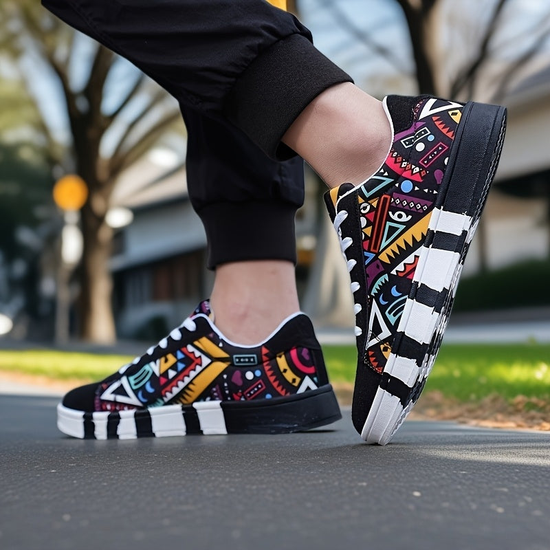 Men'S Fashion Graffiti Letter Print Canvas Sneakers - Casual Lace-up Street Shoes, Running, Tennis, Basketball Shoes, All-Season Comfort, Preppy Style, Low Top, Fabric Upper & Inner, PVC Sole, Cloth Insole, Round Toe