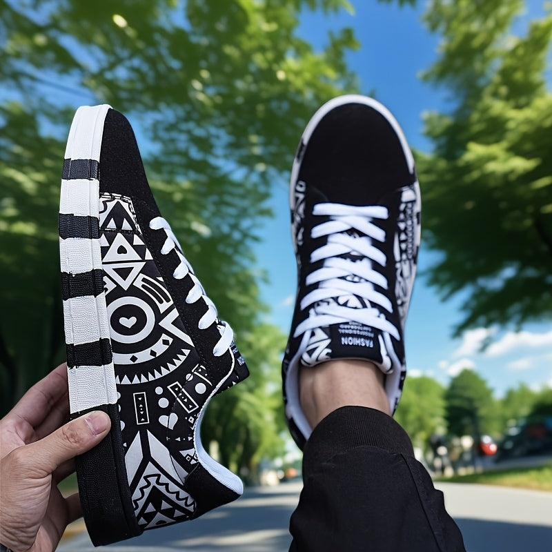 Men'S Fashion Graffiti Letter Print Canvas Sneakers - Casual Lace-up Street Shoes, Running, Tennis, Basketball Shoes, All-Season Comfort, Preppy Style, Low Top, Fabric Upper & Inner, PVC Sole, Cloth Insole, Round Toe