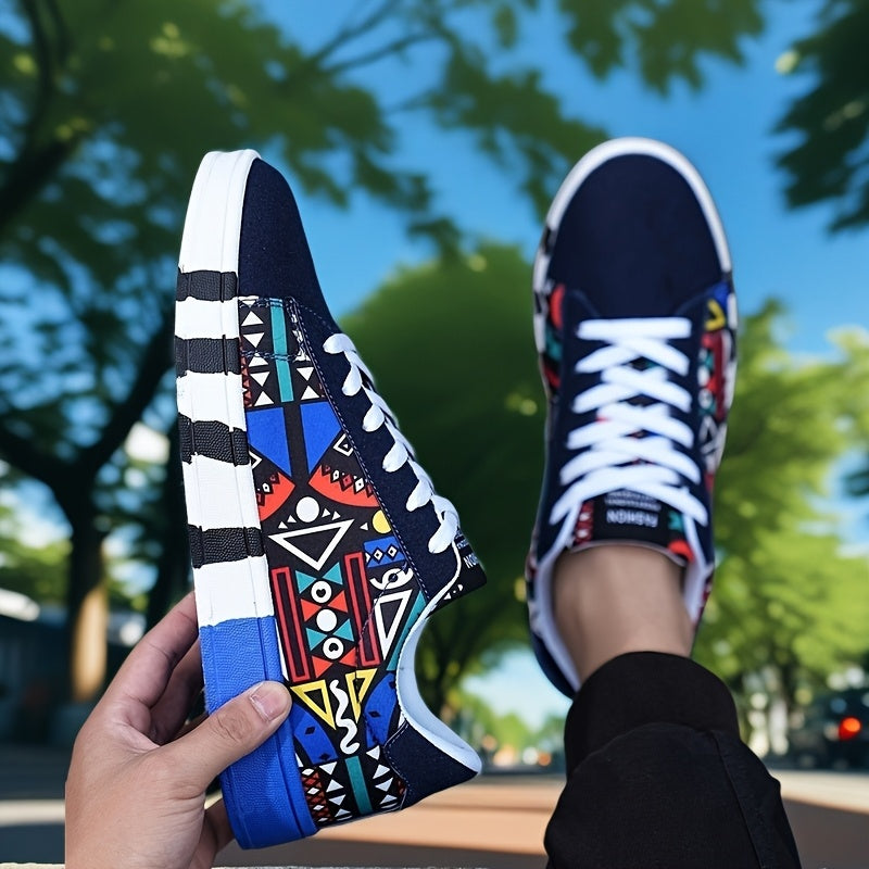 Men'S Fashion Graffiti Letter Print Canvas Sneakers - Casual Lace-up Street Shoes, Running, Tennis, Basketball Shoes, All-Season Comfort, Preppy Style, Low Top, Fabric Upper & Inner, PVC Sole, Cloth Insole, Round Toe