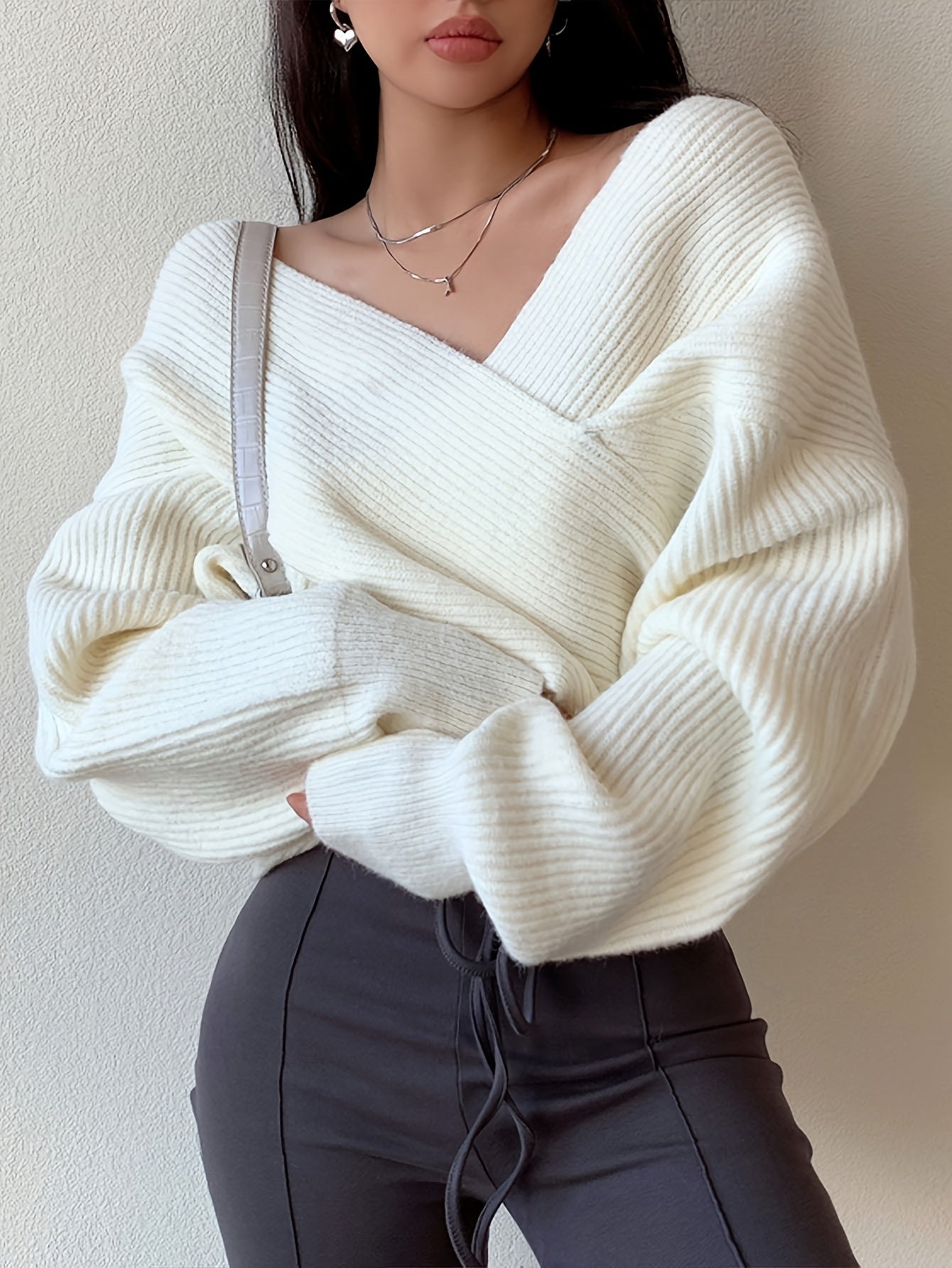 Women's Sexy Off-Shoulder Cross Shoulder Asymmetrical Hem Sweater - Soft Blue Ribbed Loose Fit Short Length H-Line Top for Fall Winter Layering, Ladies Sweaters for Winter, Seasonal Outfit, Breathable Fabric, Pullover, Casual