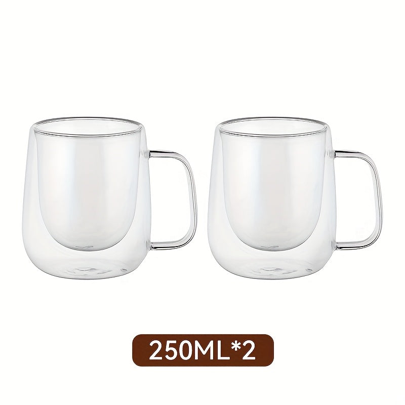 2/4pcs High Borosilicate Double-Layer Glass Mugs | Transparent Heat-Insulated Water Cup with Handles, Large Capacity, Perfect for Coffee, Tea, And Smoothies, Burn Prevention | Durable Glass, Transparent Design, Hand Wash Only