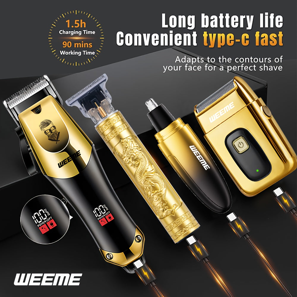 4pcs WEEME Men'S Golden Electric Hair Trimmer Set | Includes Hair Clipper, Shaver, Nose Hair Trimmer, And Fine Trimmer for Home, Car, And Travel Use | USB Charging, Rechargeable Lithium Battery