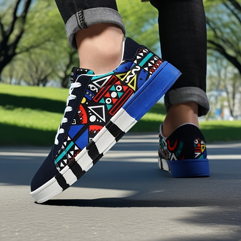 Men'S Fashion Graffiti Letter Print Canvas Sneakers - Casual Lace-up Street Shoes, Running, Tennis, Basketball Shoes, All-Season Comfort, Preppy Style, Low Top, Fabric Upper & Inner, PVC Sole, Cloth Insole, Round Toe