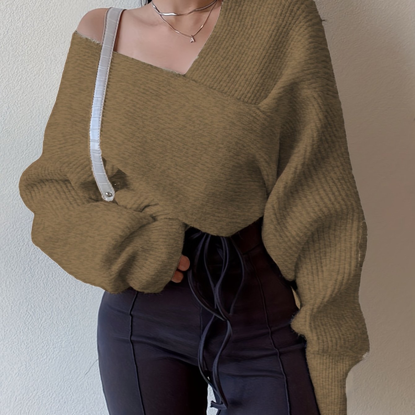 Women's Sexy Off-Shoulder Cross Shoulder Asymmetrical Hem Sweater - Soft Blue Ribbed Loose Fit Short Length H-Line Top for Fall Winter Layering, Ladies Sweaters for Winter, Seasonal Outfit, Breathable Fabric, Pullover, Casual