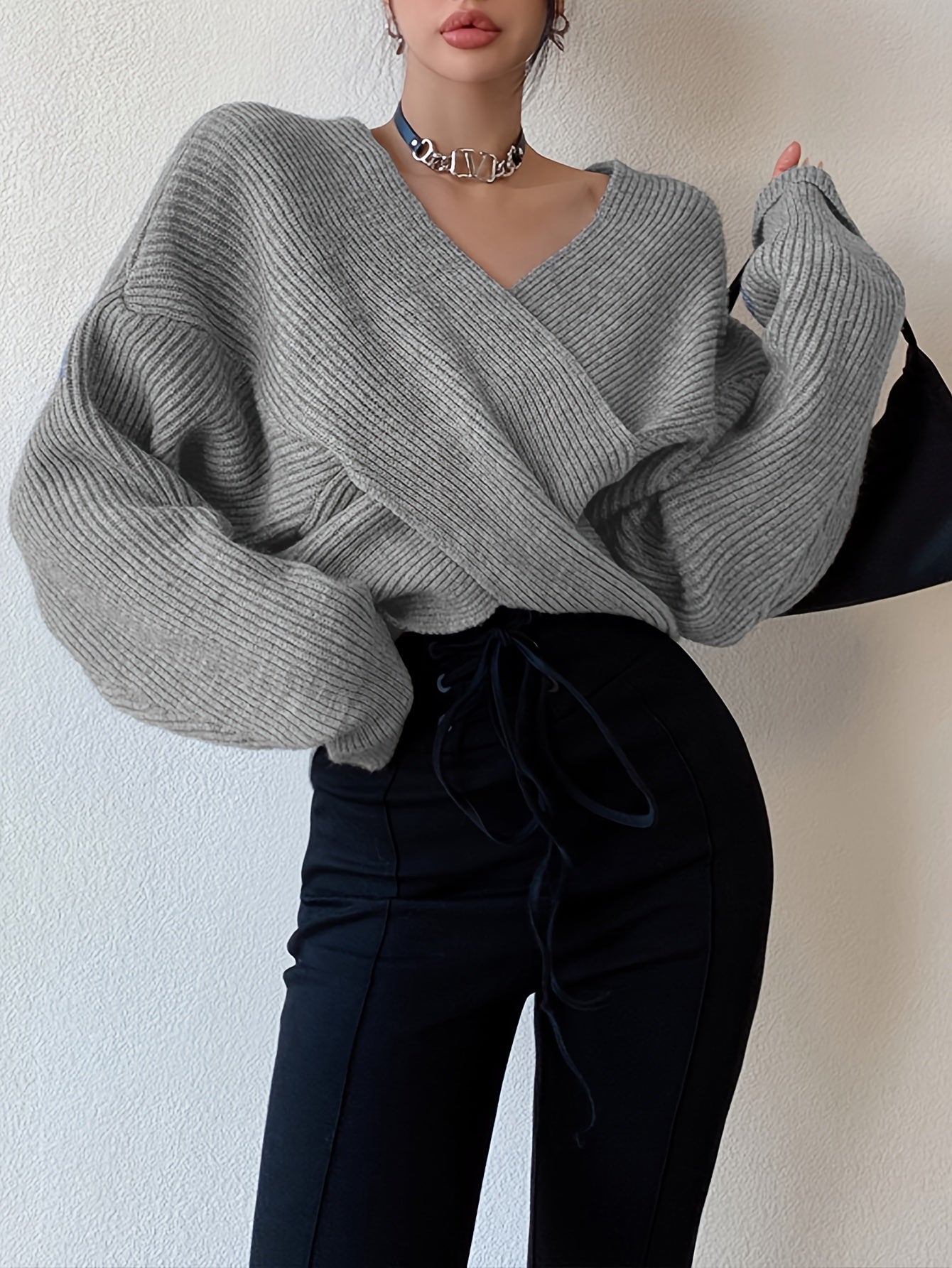 Women's Sexy Off-Shoulder Cross Shoulder Asymmetrical Hem Sweater - Soft Blue Ribbed Loose Fit Short Length H-Line Top for Fall Winter Layering, Ladies Sweaters for Winter, Seasonal Outfit, Breathable Fabric, Pullover, Casual
