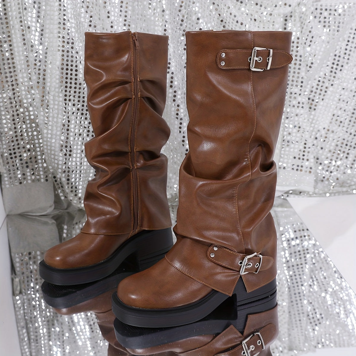 Fashion Trend! Black High-Top Thick-Sole Chunky Heel Boots, Comfortable and Elegant Double Buckle Embellished Women's Boots