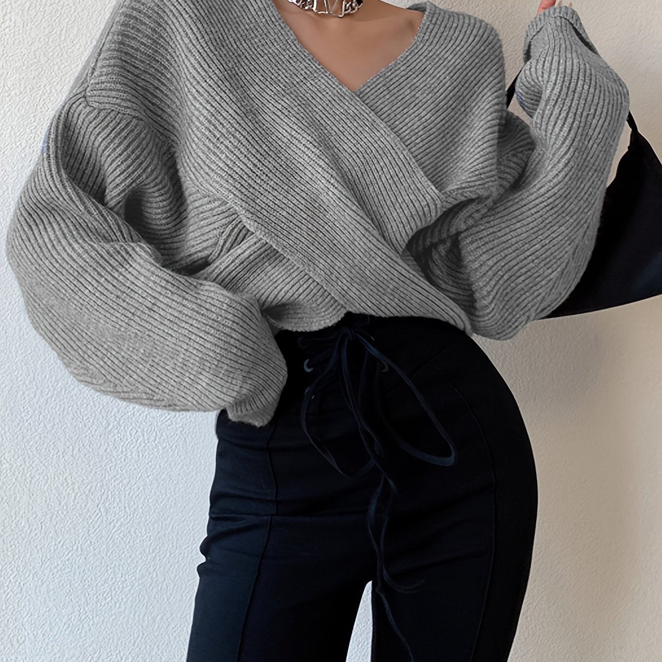 Women's Sexy Off-Shoulder Cross Shoulder Asymmetrical Hem Sweater - Soft Blue Ribbed Loose Fit Short Length H-Line Top for Fall Winter Layering, Ladies Sweaters for Winter, Seasonal Outfit, Breathable Fabric, Pullover, Casual